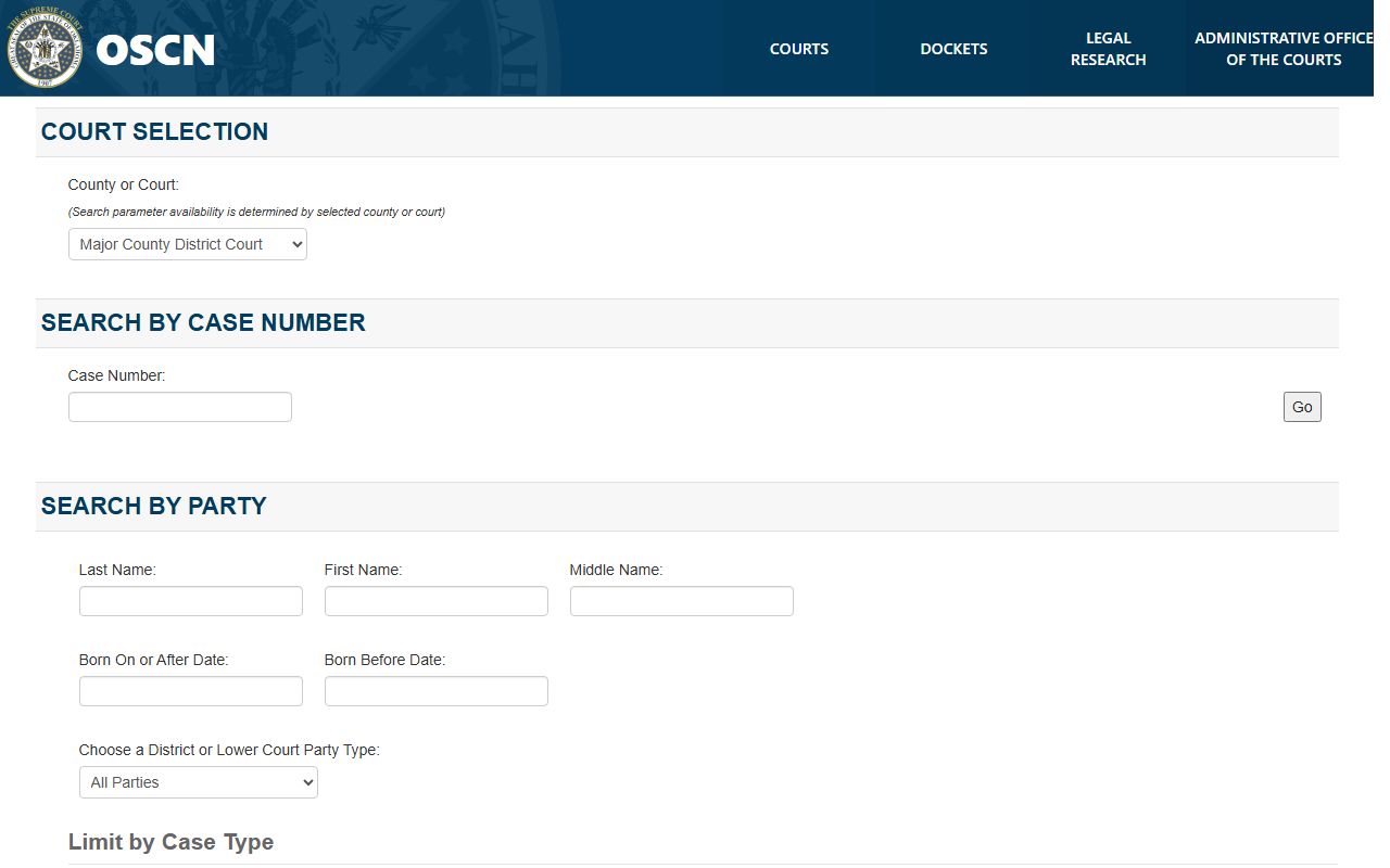 Major County public records on OSCN court search portal