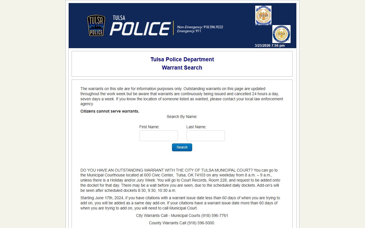 Tulsa warrant search portal for public records lookup