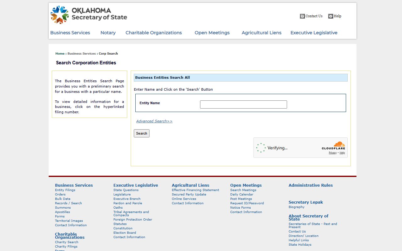 Oklahoma Secretary of State business search public records